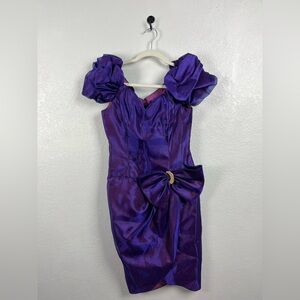 Alex Women’s Evenings Purple Mini Dress Bow Short Puff Sleeves Formal Sz 6